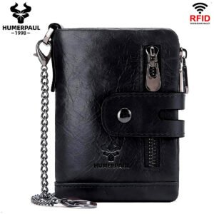 HUMERPAUL100 % Cartera de cuero de vaca auténtico para hombre, monedero corto RFID, tarjetero, doble cremallera, bolsillo plegable para monedas (8) Billetera Hombre Cuero Humerpaul Con Proteccion Rfid