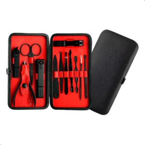 Juego de 12 piezas de manicura y pedicura, kit de cuidado de uñas negro, kit de cuidado personal profesional de bolsillo de viaje, kit de aseo de via Set Manicura Pedicura con Estuche 12 Piezas Acero Inoxidable
