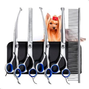 Juego de tijeras de aseo para mascotas, kit profesional de 5 piezas de acero inoxidable para perros o gatos con tijeras de corte de 7.5 pulgadas, tijeras profesional (1) Tijeras Para El Cuidado De Mascotas 4 Tijeras Y 1 Peine en ACERO