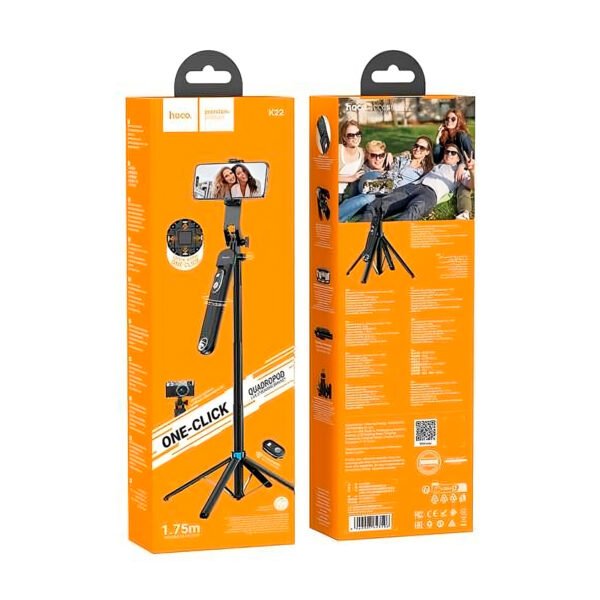 Palo Selfie Soporte antivibración para transmisión en vivo HOCO K22 de aleación de aluminio práctico (1) Palo Selfie Stick Hoco K22 Control Remoto Bluetooth Tripode 1,75m