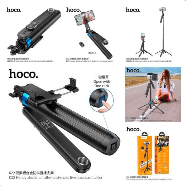 Palo Selfie Soporte antivibración para transmisión en vivo HOCO K22 de aleación de aluminio práctico (4) Palo Selfie Stick Hoco K22 Control Remoto Bluetooth Tripode 1,75m