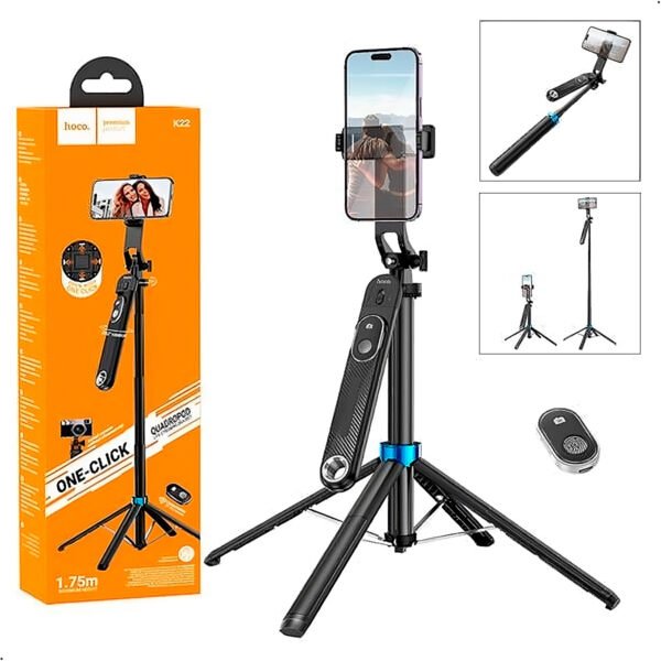 Palo Selfie Soporte antivibración para transmisión en vivo HOCO K22 de aleación de aluminio práctico (6) Palo Selfie Stick Hoco K22 Control Remoto Bluetooth Tripode 1,75m
