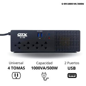 Estabilizador Regulador de voltaje GTX G-09 4 salidas 1000VA - G_09 (4) Estabilizador Gtx G-09 1000va/500w 4 Salidas Cable De 1.1mts Negro