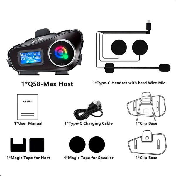 Intercomunicador Q58-MAX Casco de Moto Bluetooth Auriculares Altavoces IP65 Resistente al Agua Auriculares de Casco Radio FM - Micrófono Duro (7) Intercomunicador Lantun Q58 Max Bluetooth Para Casco De Moto
