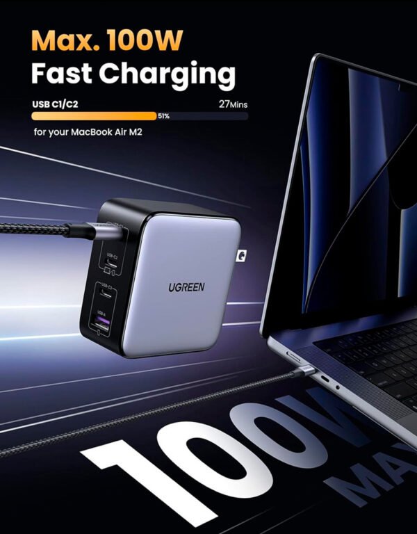 Ugreen Nexode S Cargador Rápido 100W GaN 3 Puertos USB-C 1 Puerto USB-A PD3.0QC Gris (7) Cargador De Pared Ugreen De 100w Nexode Gan 4 Puertos Carga Rapida