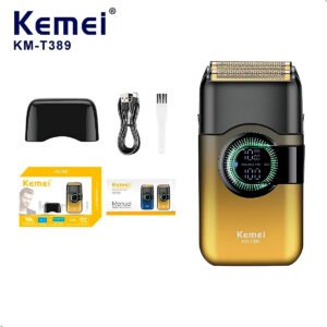 Afeitadora eléctrica Kemei KM-T389 de alta velocidad, resistente al agua, 7500 RPM, con doble cuchilla giratoria (2) Kemie Km T389 Maquina Cortadora Afeitadora Shaver Ipx5 Dorado