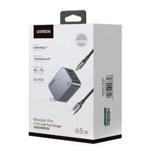 Cargador UGREEN 65W Nexode Pro Set 3 Puertos Carga Rapida Cargador y cable compatible con todos los dispositivos (12) Cargador de UGREEN 65W serie Nexode Pro 3 Puertos de Carga Rápida 2 USB-C 1 USB-A Tecnología GaNInfinity PD3.1 de 65W / QC4.0 Tecnología de Protección Térmica Optimiza la Carga