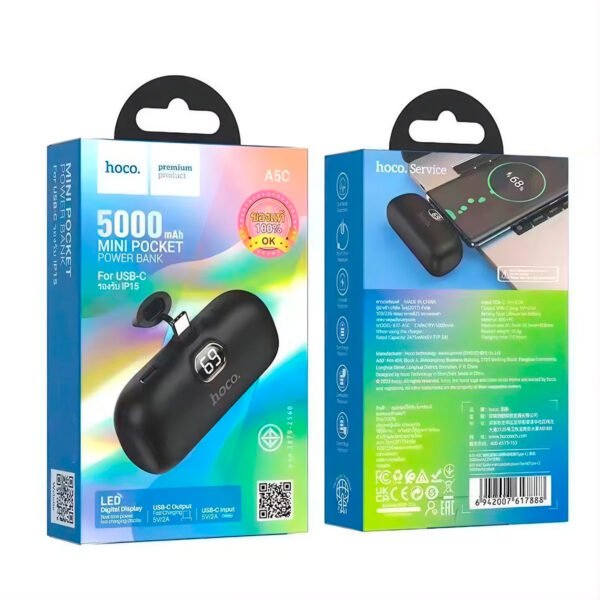 HOCO A5C A5i Mini Power Bank 5000mAh, salida Tipo-CiOS, portátil, con indicador LED. (5) (1) Hoco A5c Power Bank 5000mah Tipo C Panatalla Led