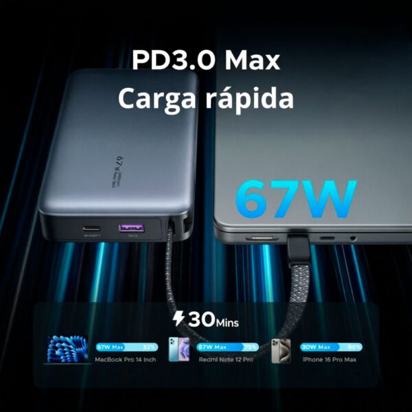 POWER BANK UGREEN 67W 20000 MAH CON CABLE INTEGRADO 55996B (7) Power Bank Ugreen 20000mah 67w Carga Rápida Laptop Cable Usb