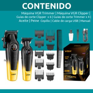 Set Máquina Cortar Pelo Clipper + Patillera Trimmer VGR V-196 y V-996 7000RPM Color Dorado (7) Maquina Vgr V196&996 Combo Super Trimmer Y Clipper 7000rpm