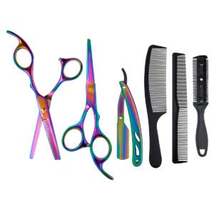 Tijera de Corte Cabello y entresacar porfesional tornasol mas navaja, peinesy accesorios (1) Tijeras Peluquería Profesional Tijeras Doradas Set Acero Inox Tornasol