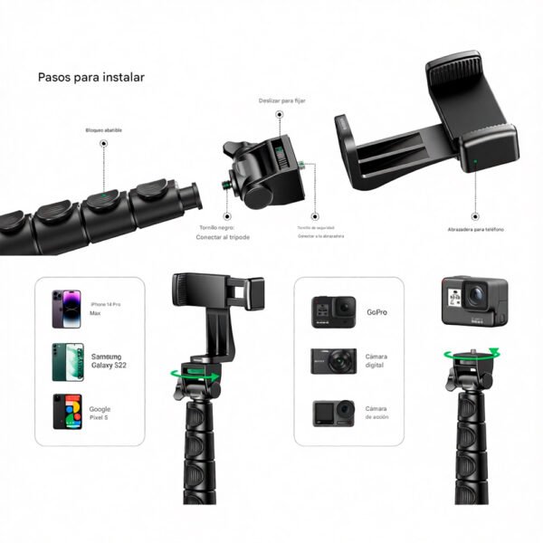 Tripode Ugreen 2en1 Bluetooth Remoto para Telefono iPhone Galaxy GoPro Ugreen LP680 15609 (7) Trípode Ugreen Lp680 Para Smartphone Y Cámara Acción 1.8m